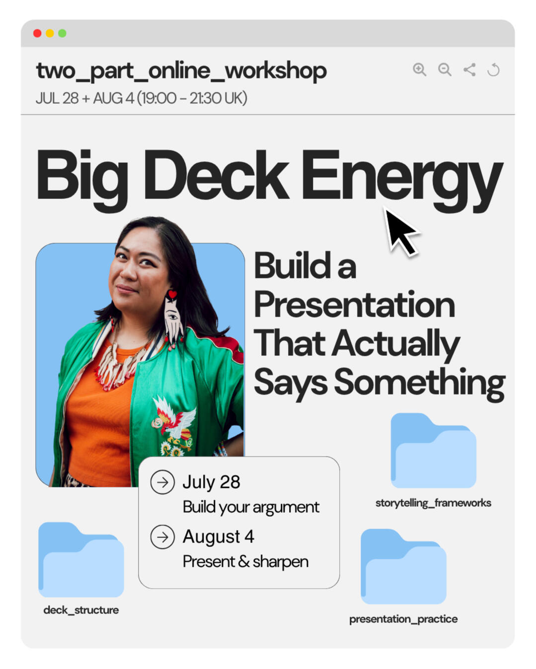 Fran Ayala Presentation Deck Building Workshop Fran Ayala's two-part online workshop to turn messy ideas into a clear, persuasive deck structure, then present it and get feedback.