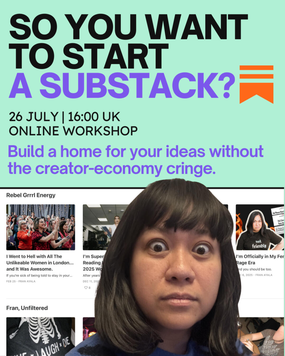 Fran Ayala Substack Workshops Fran Ayala's practical workshop for curious creatives who want to start a Substack and build a home for their ideas without creator-economy cringe.